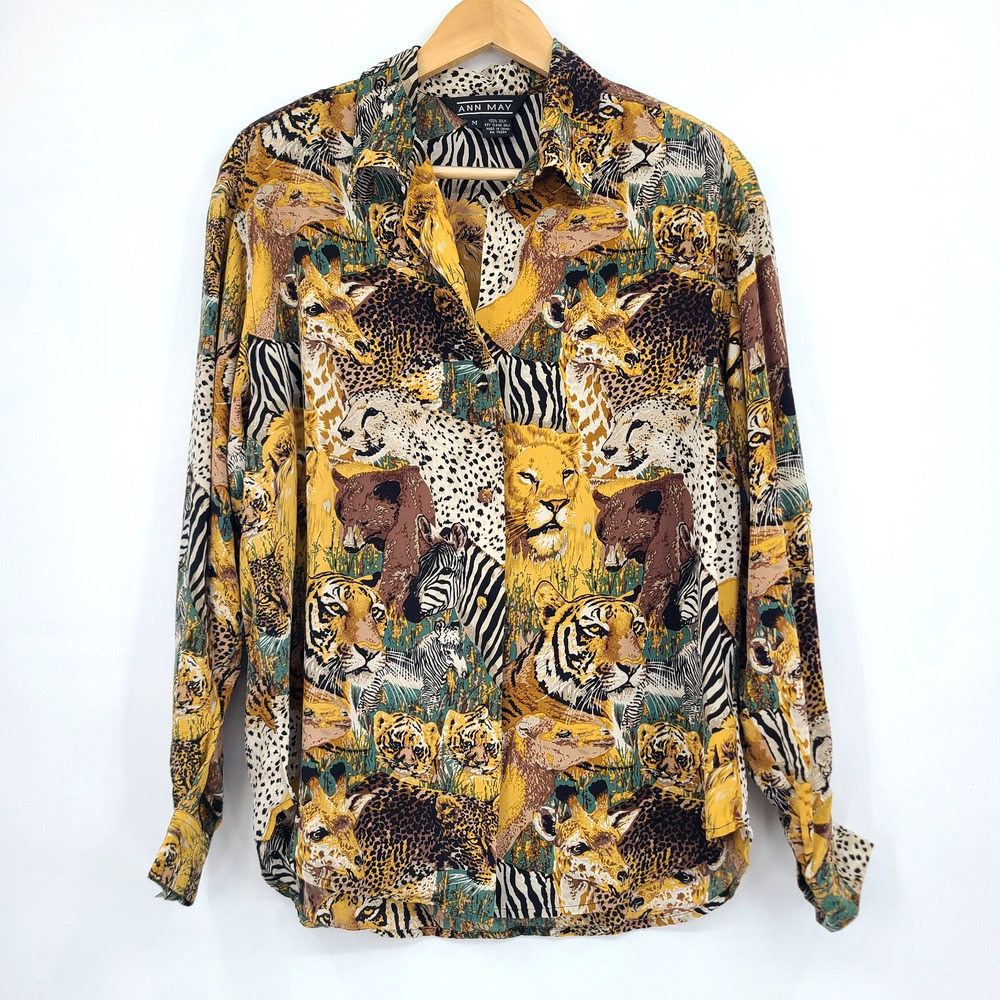 VTG Ann May Silk Button Up Blouse Maximalist Animal Safari AOP Eclectic Size M